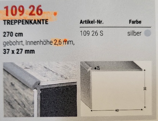 Kügele Treppenkante 40x26,2 x 2,5 mm silber 2,70m gebohrt bis 2,6mm 109 26 S